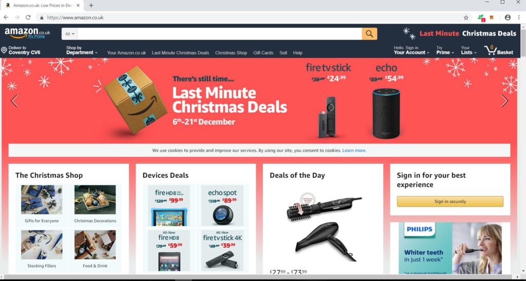 Amazon homepage displayed as a web app example for ecommerce browsing, shopping, and product discovery.
