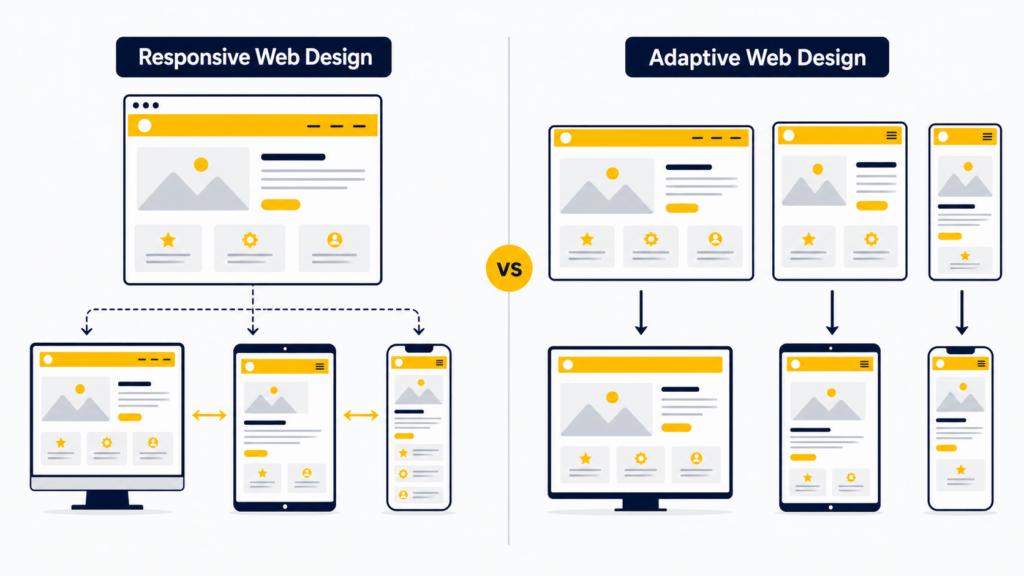 Infographic comparing responsive web design and adaptive web design, showing one flexible layout adjusting across desktop, tablet, and mobile on the left, and separate fixed layouts for each device on the right.