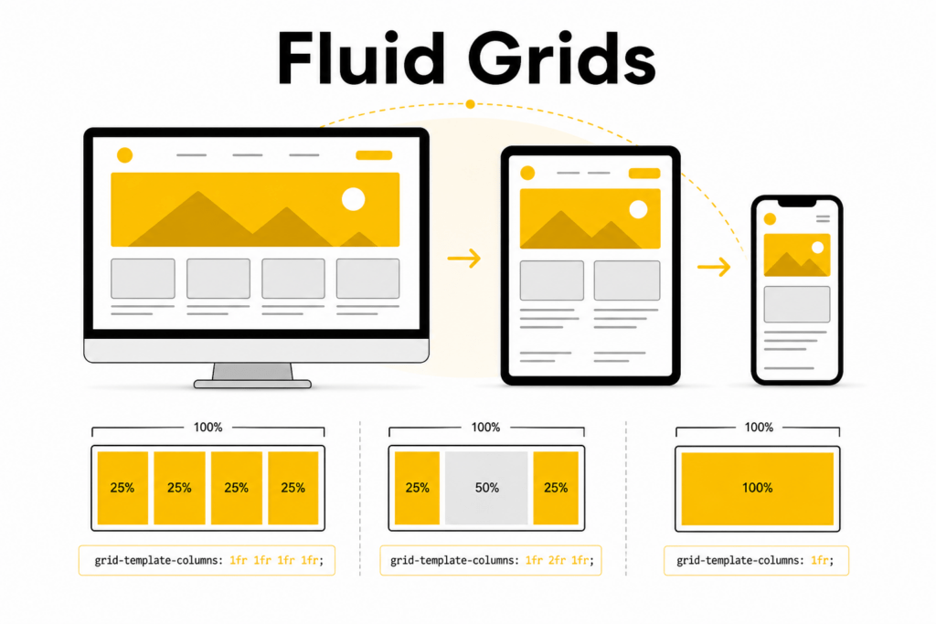 Fluid grids infographic showing flexible responsive layouts across desktop, tablet, and mobile.