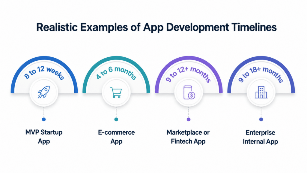 Infographic showing four app development timeline examples: MVP startup app, e-commerce app, marketplace or fintech app, and enterprise internal app.