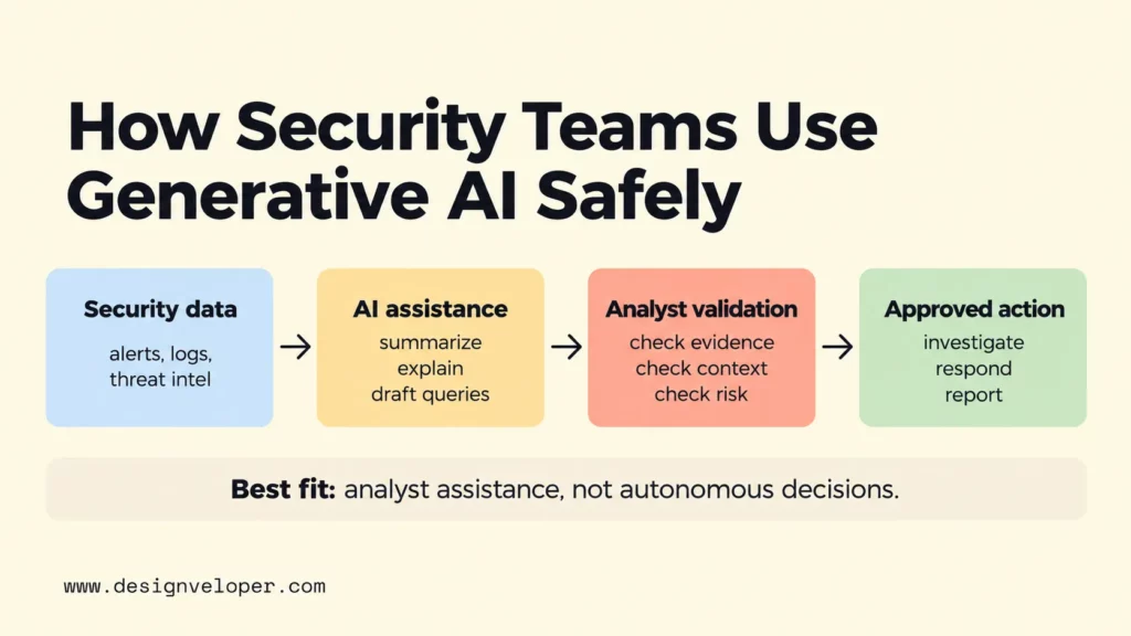 Security team workflow for using generative AI safely: security data flows into AI assistance, then analyst validation, before an approved investigation, response, or report.