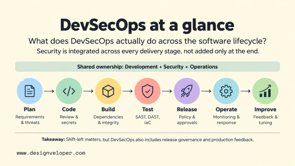 DevSecOps lifecycle from Plan to Improve, showing shared security ownership across development, security, and operations.