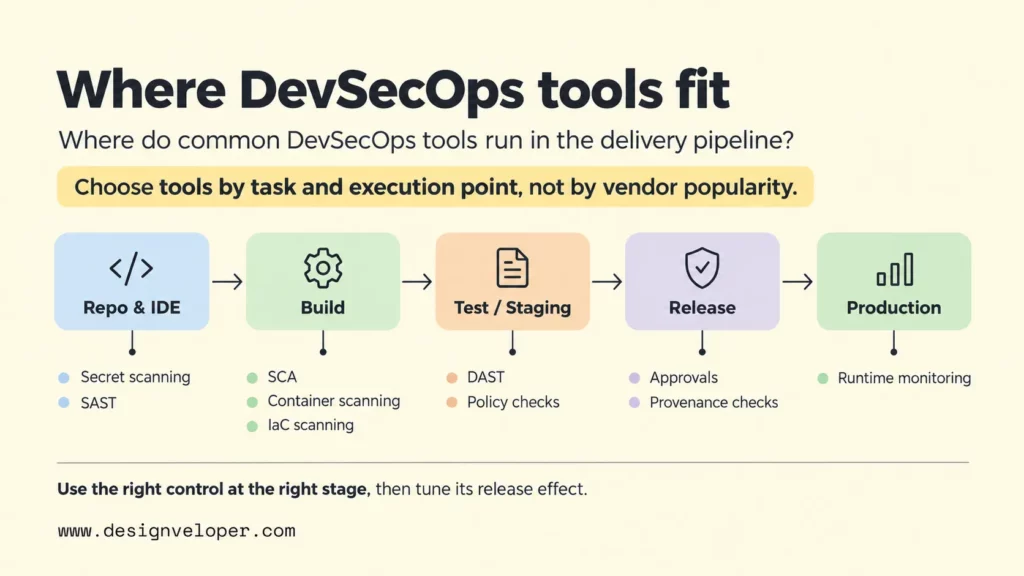 DevSecOps tools mapped across repository, build, testing, release, and production stages, including SAST, SCA, DAST, provenance checks, and runtime monitoring.