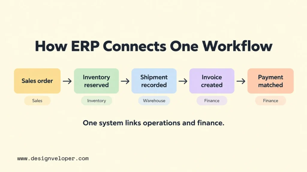 ERP workflow showing how sales orders connect to inventory reservation, shipment recording, invoice creation, and payment matching.