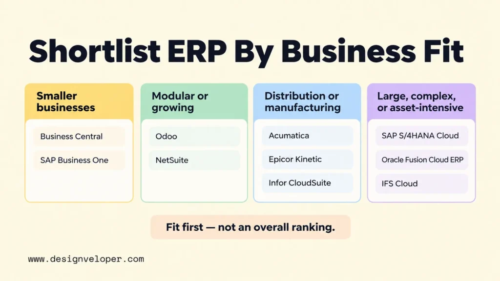 Comparison of ten ERP systems grouped by business needs, including small businesses, growing companies, manufacturers, and large enterprises.
