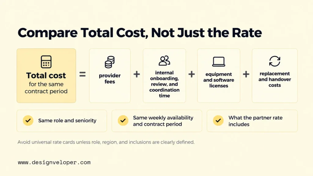Breakdown of development team extension costs, including provider fees, internal coordination, equipment, software licenses, replacement, and handover expenses.