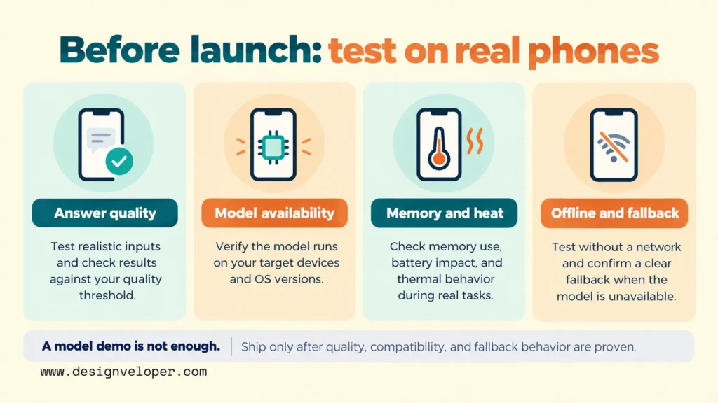 Four essential checks before launching on-device AI in mobile apps: answer quality, model availability, memory and thermal performance, and offline fallback behavior.